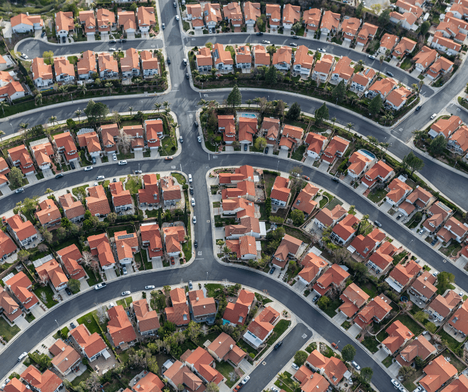 Aerial view of suburban town